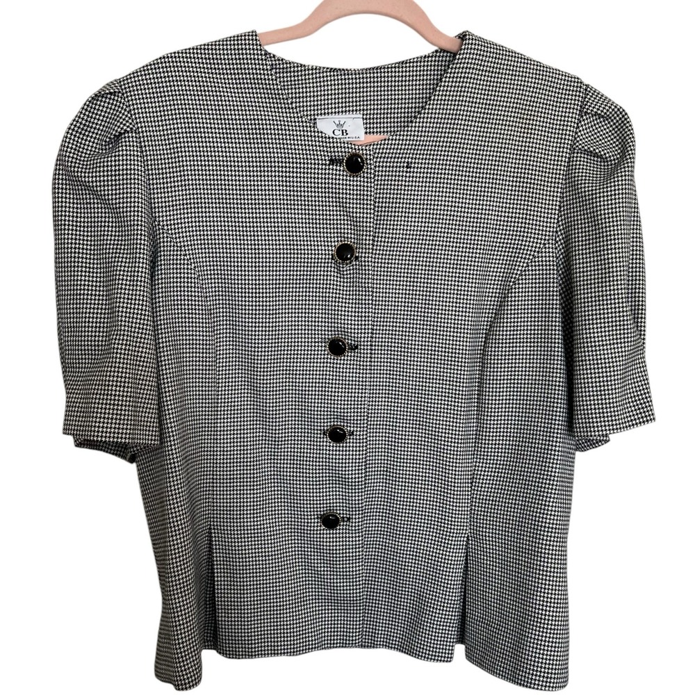 CB Women Vintage Houndstooth Puff Sleeve Top Size 16 White Black Made in USA